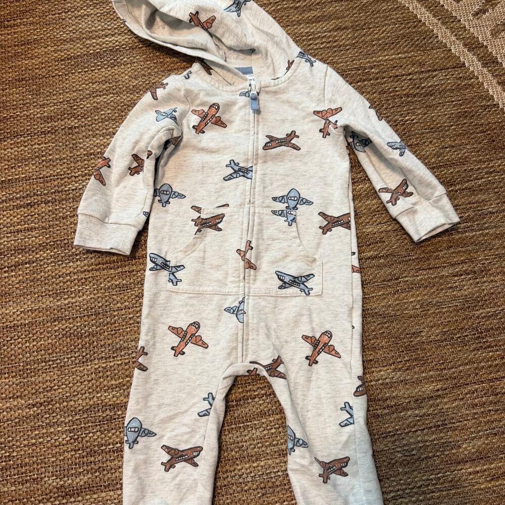 Carter’s Baby Boy 12M Airplane Print Hooded Zip Jumpsuit Romper One Piece